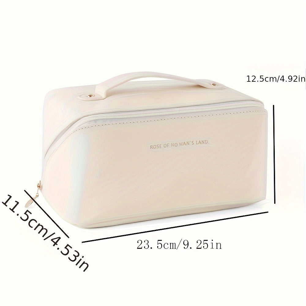 Travel Makeup Bag with Dividers and Handle Beige PU Multi-Compartment Organizer for Women