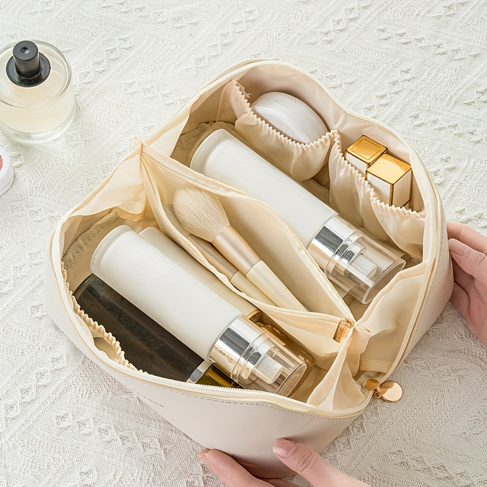 Travel Makeup Bag with Dividers and Handle Beige PU Multi-Compartment Organizer for Women