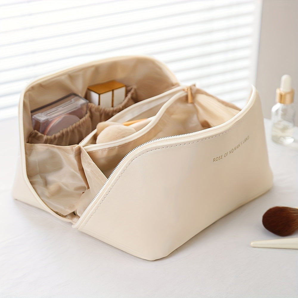 Travel Makeup Bag with Dividers and Handle Beige PU Multi-Compartment Organizer for Women