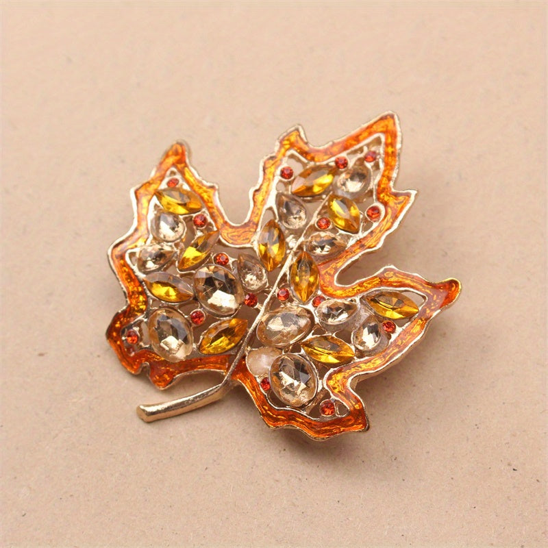 Vintage-Inspired Maple Leaf Brooch Pin with Rhinestones and Hollow Alloy Design