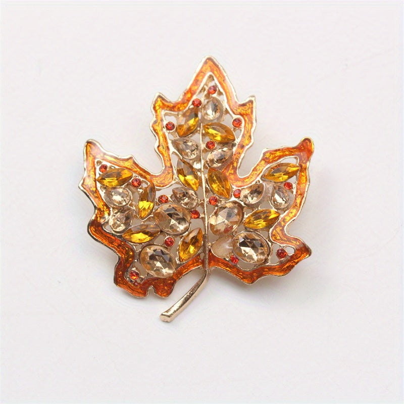 Vintage-Inspired Maple Leaf Brooch Pin with Rhinestones and Hollow Alloy Design