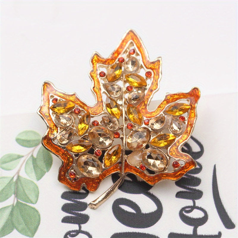 Vintage-Inspired Maple Leaf Brooch Pin with Rhinestones and Hollow Alloy Design