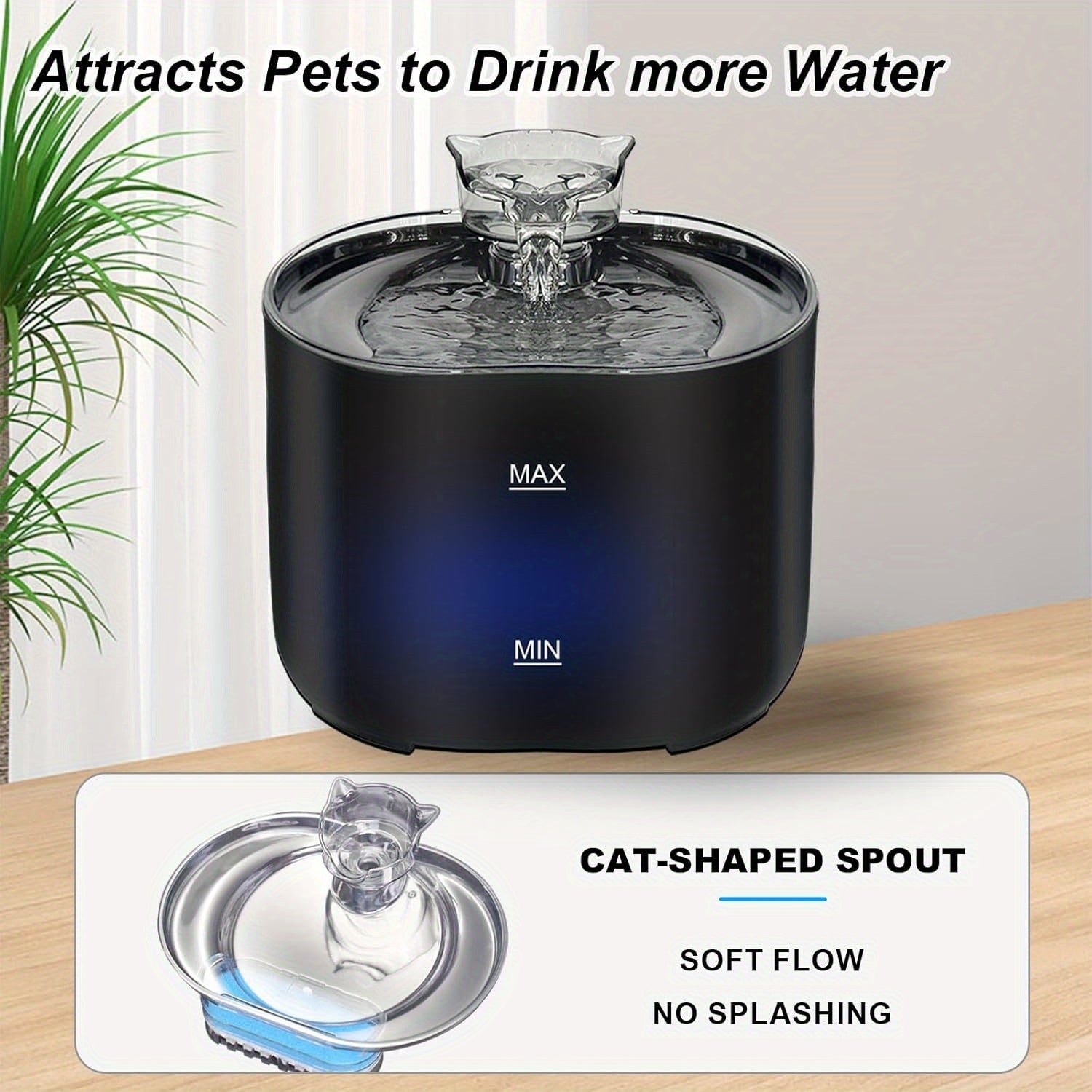Fuente de agua para mascotas de 2.2L para gatos y perros, ultra silenciosa, caño en forma de gato, para uso en interiores