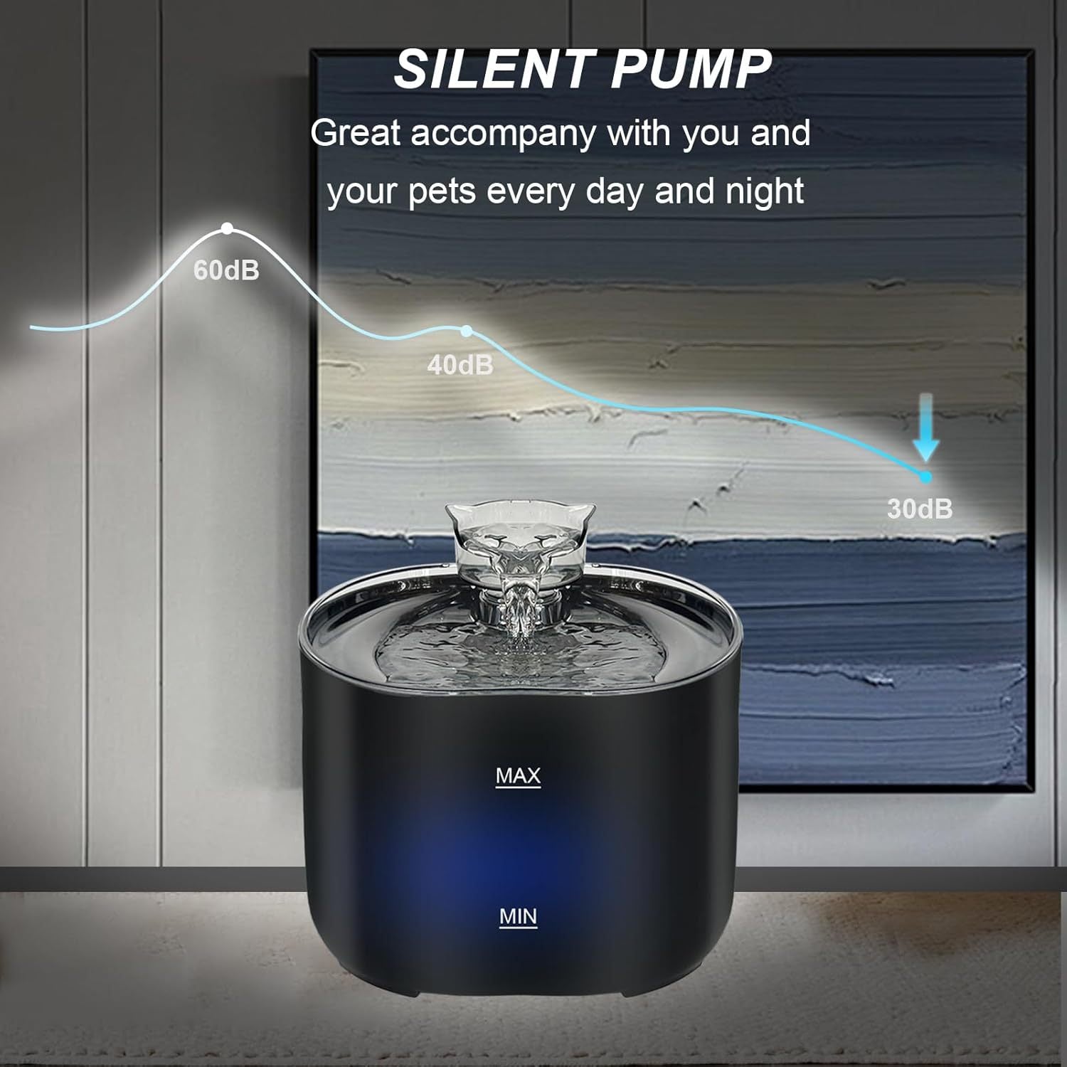 Fuente de agua para mascotas de 2.2L para gatos y perros, ultra silenciosa, caño en forma de gato, para uso en interiores