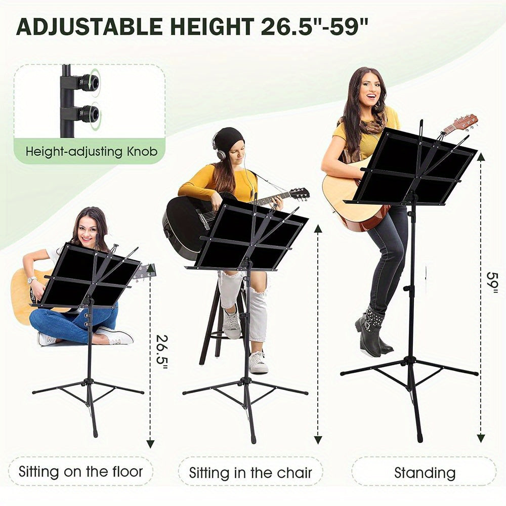 Black Adjustable Height Folding Music Stand with Carry Bag