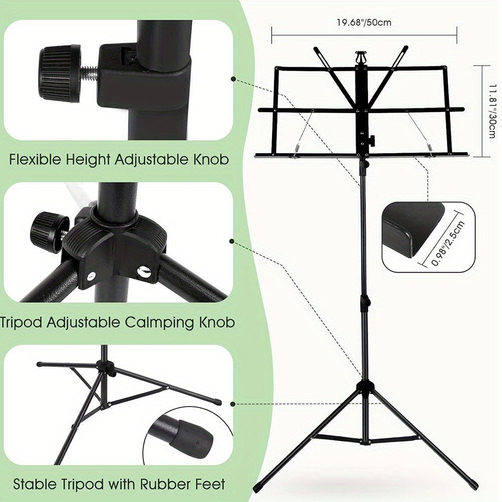 Black Adjustable Height Folding Music Stand with Carry Bag