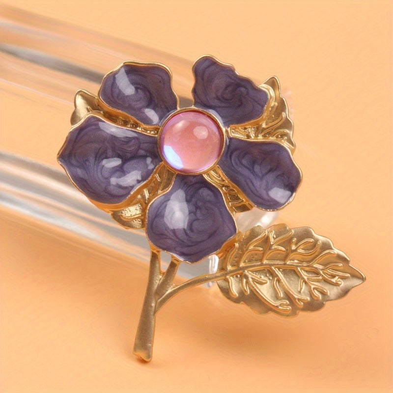 Floral Brooch Pin with Cherry Blossom Enamel and Rhinestone Center for Women
