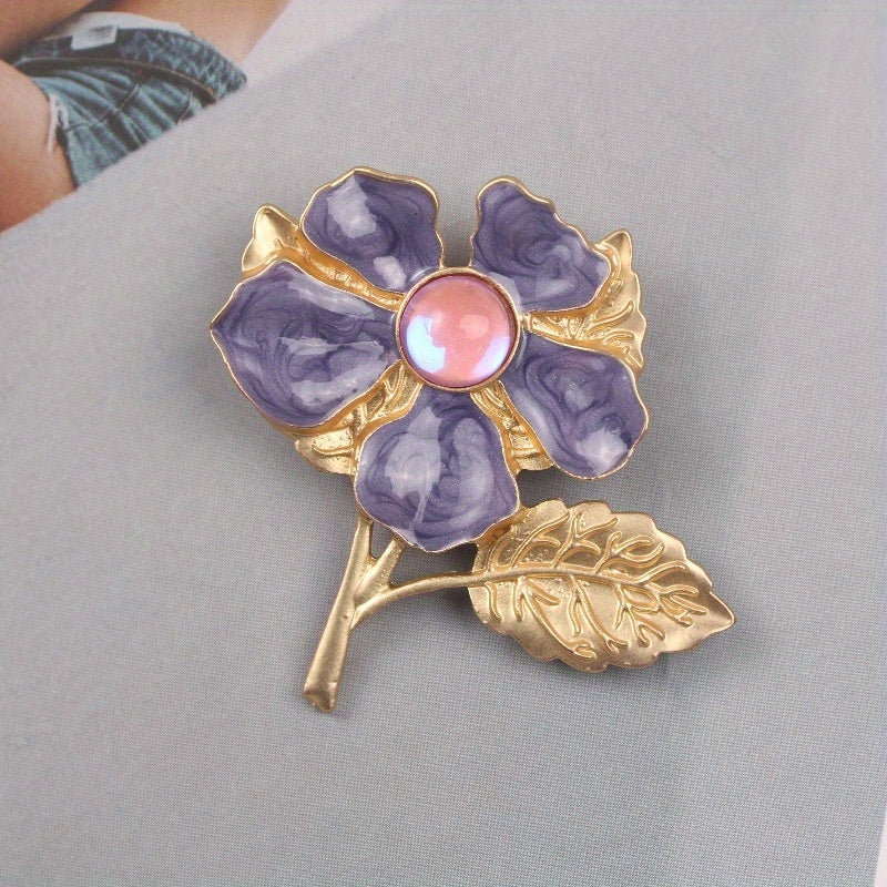 Floral Brooch Pin with Cherry Blossom Enamel and Rhinestone Center for Women