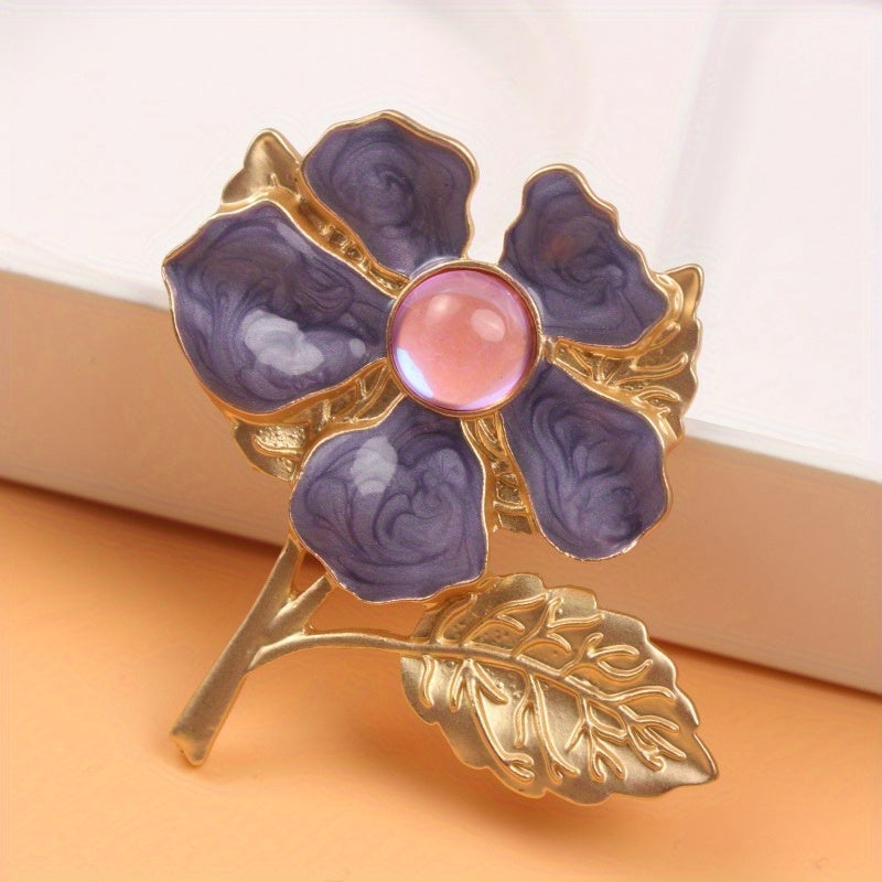 Floral Brooch Pin with Cherry Blossom Enamel and Rhinestone Center for Women