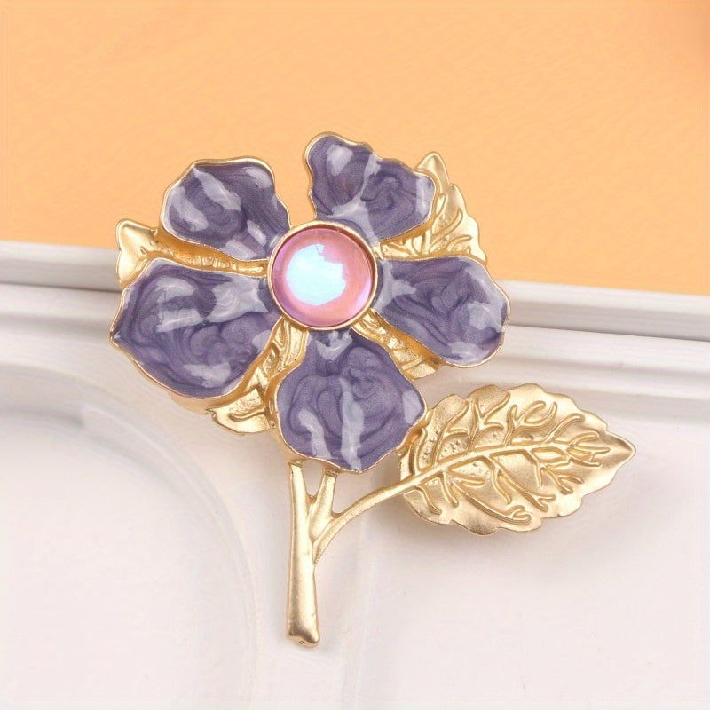 Floral Brooch Pin with Cherry Blossom Enamel and Rhinestone Center for Women