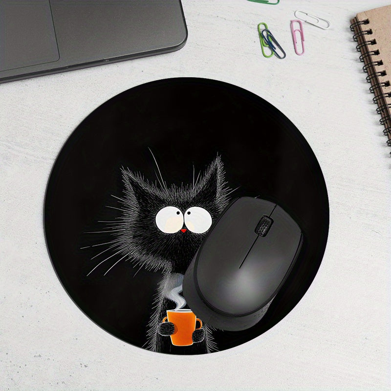 Black Cat and Orange Cup Design Mouse Pad Waterproof Non-Slip Desk Mat for Office and Gaming