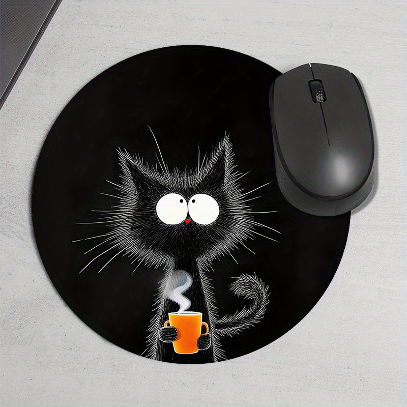 Black Cat and Orange Cup Design Mouse Pad Waterproof Non-Slip Desk Mat for Office and Gaming