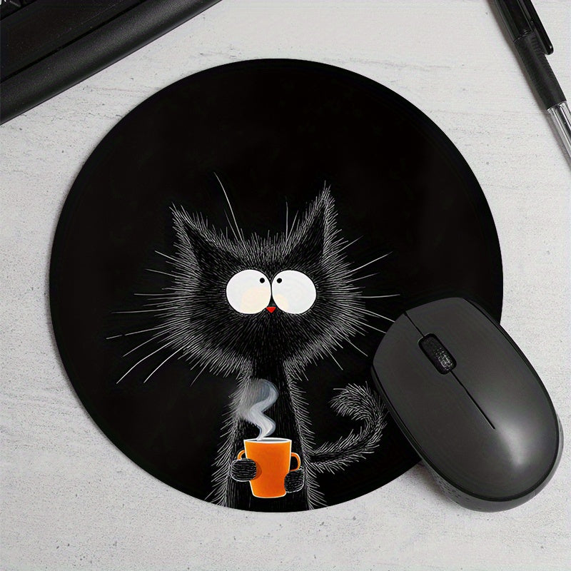 Black Cat and Orange Cup Design Mouse Pad Waterproof Non-Slip Desk Mat for Office and Gaming