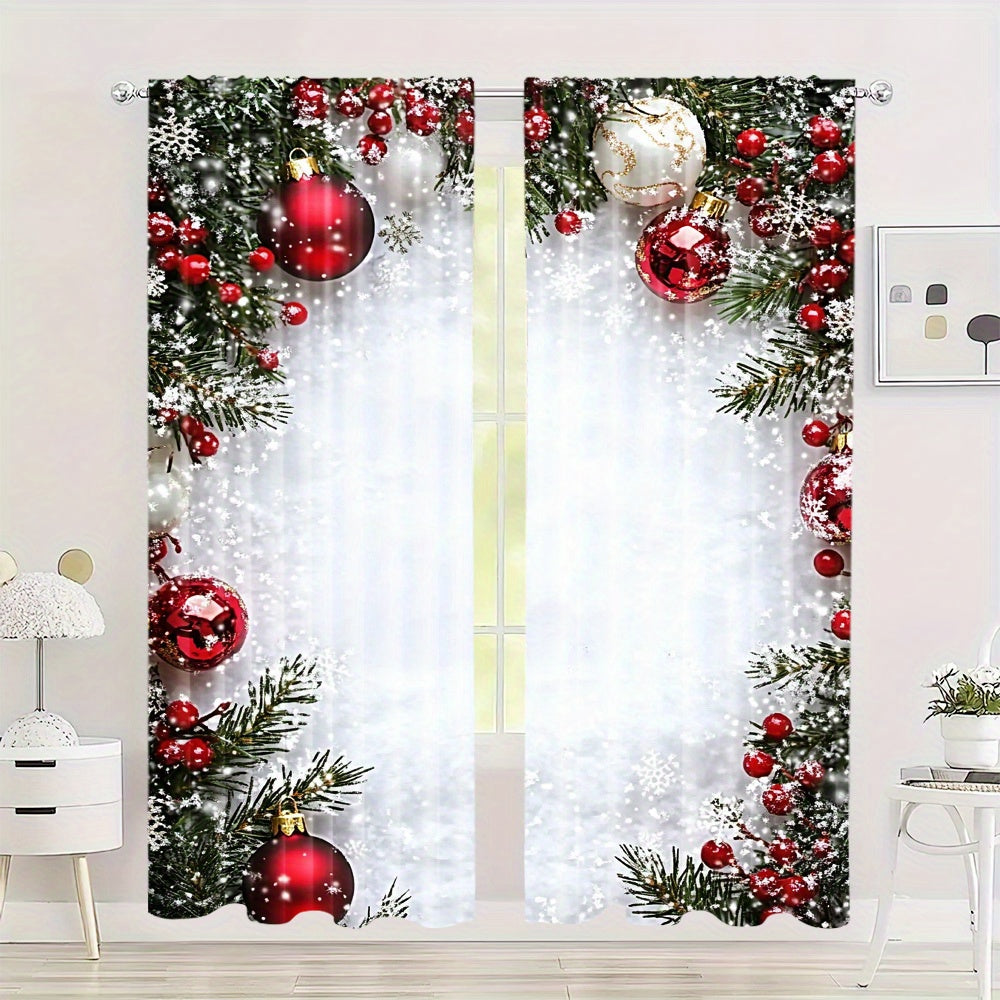 Red Christmas Curtain Set with Digital Print and Rod Pocket for Holiday Decor