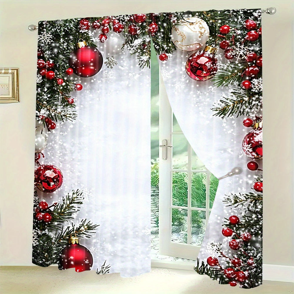 Red Christmas Curtain Set with Digital Print and Rod Pocket for Holiday Decor