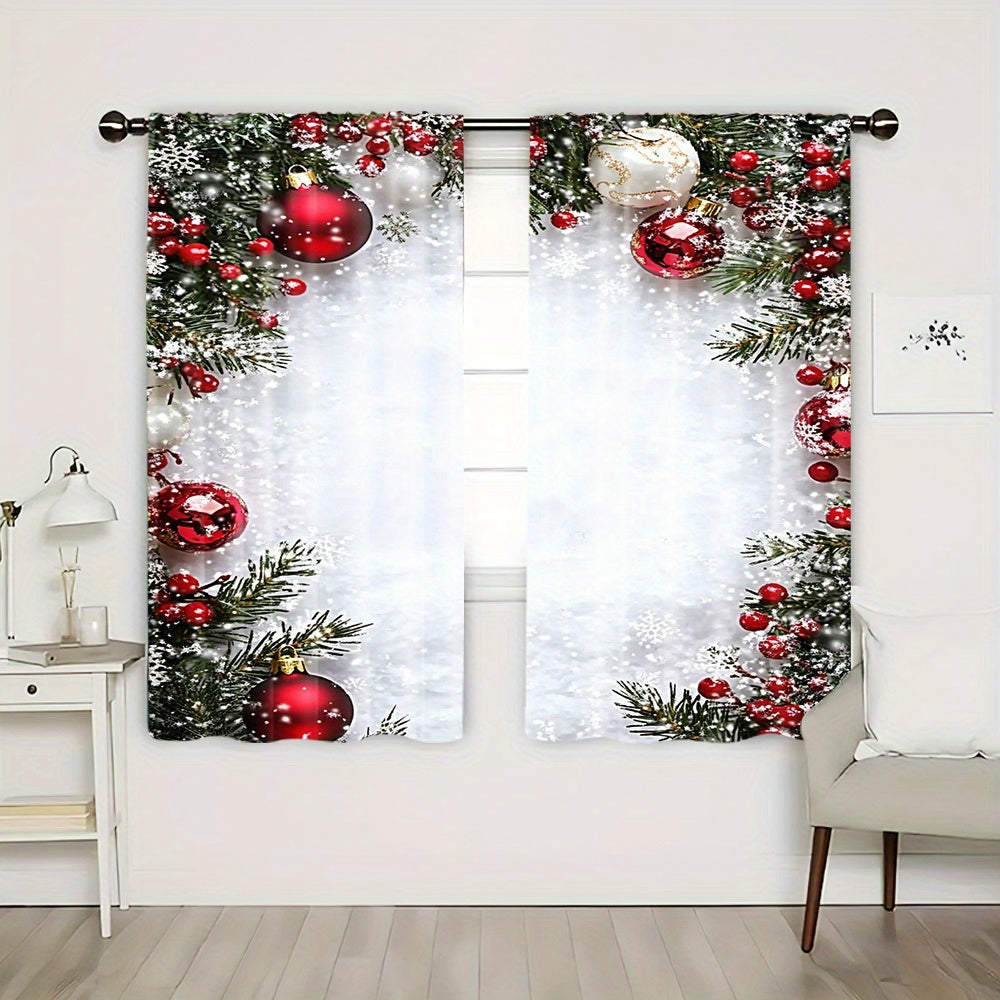 Red Christmas Curtain Set with Digital Print and Rod Pocket for Holiday Decor