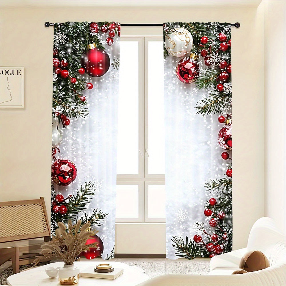 Red Christmas Curtain Set with Digital Print and Rod Pocket for Holiday Decor