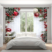 Red Christmas Curtain Set with Digital Print and Rod Pocket for Holiday Decor