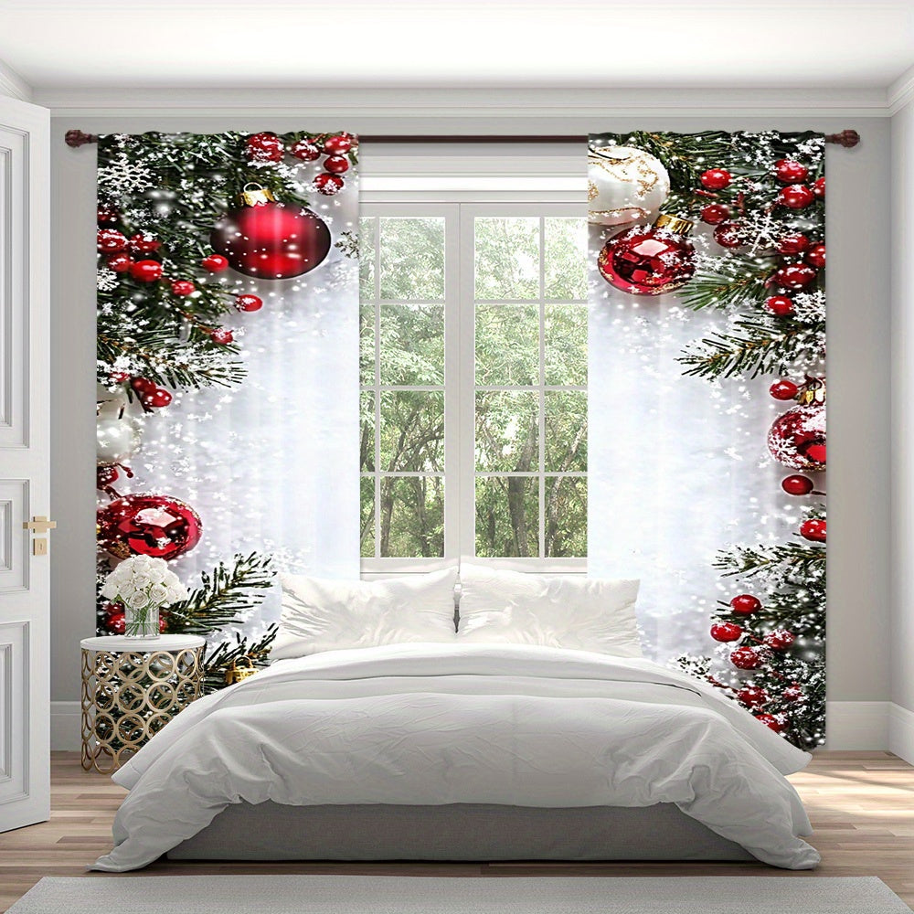 Red Christmas Curtain Set with Digital Print and Rod Pocket for Holiday Decor