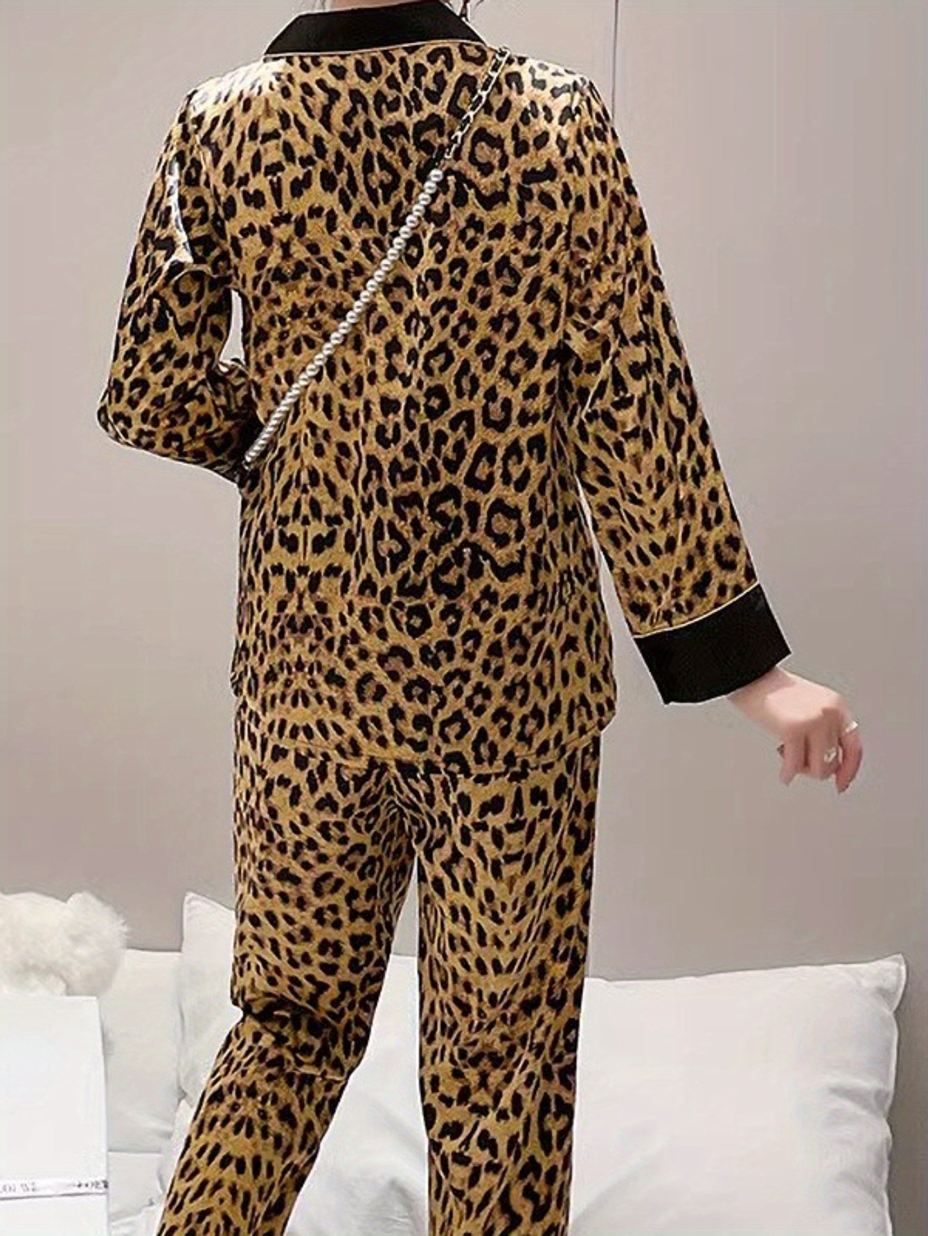 Women's Leopard Print Pajama Set Long Sleeve Lapel Collar Polyester Spandex Fall Winter