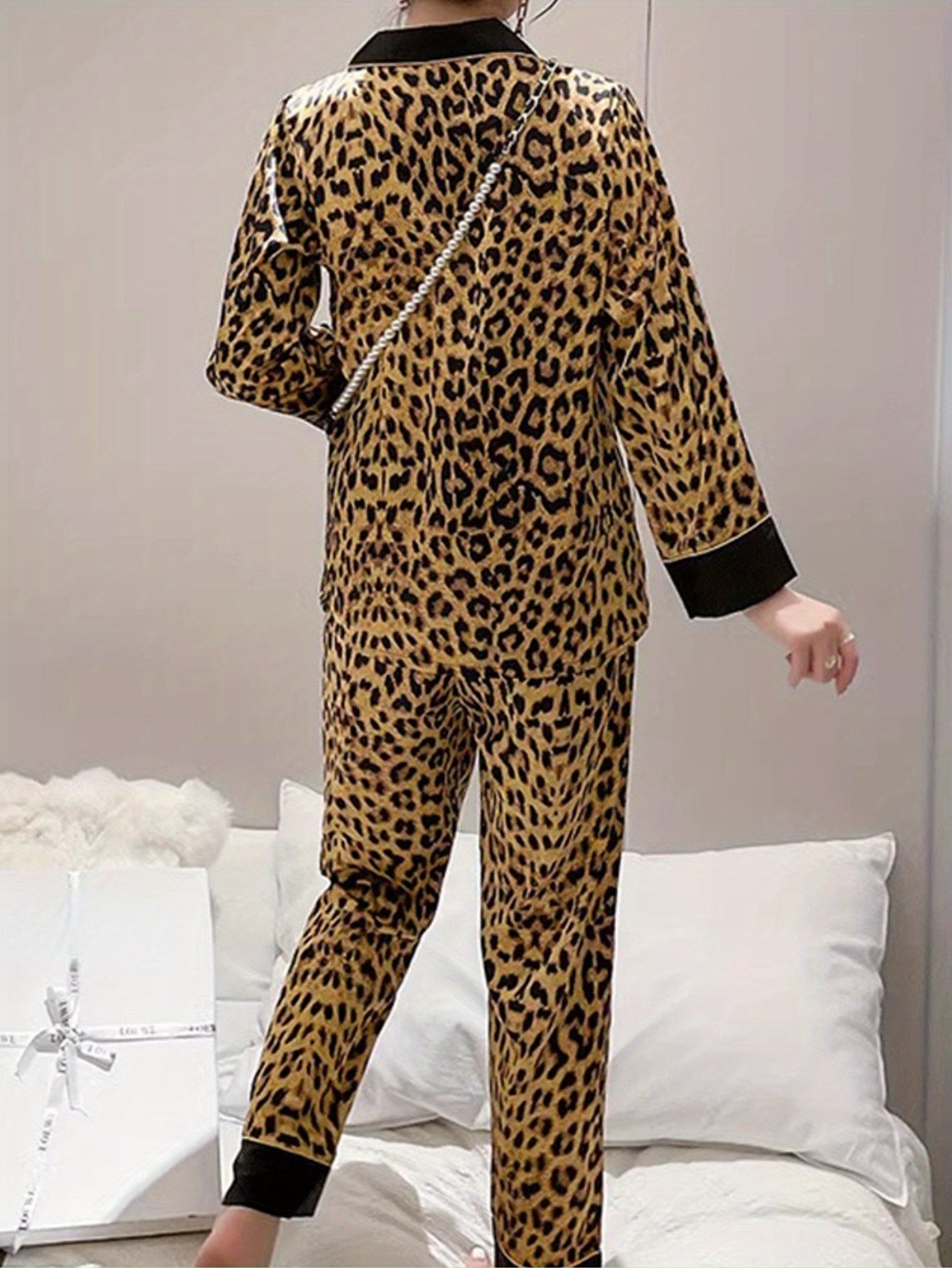 Women's Leopard Print Pajama Set Long Sleeve Lapel Collar Polyester Spandex Fall Winter