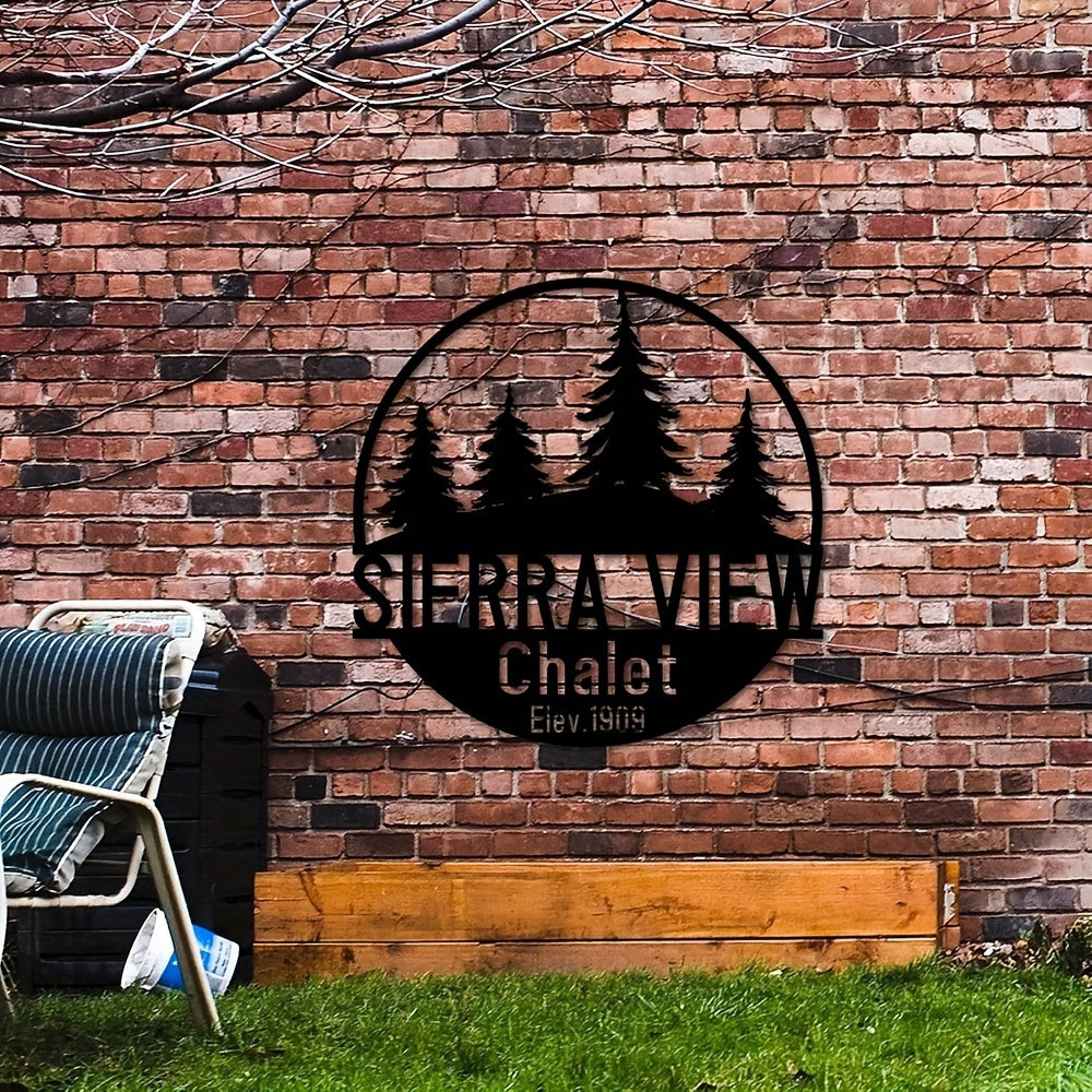 Sierra View Chalet-dan shaxsiylashtirilgan vintage temir qarag'ay daraxti devor san'ati - uyga sovg'a sifatida maxsus nomli qora metall osma bezak, dekorativ ochiq havoda porch devor bezagi, Thanksgiving eshik belgisi