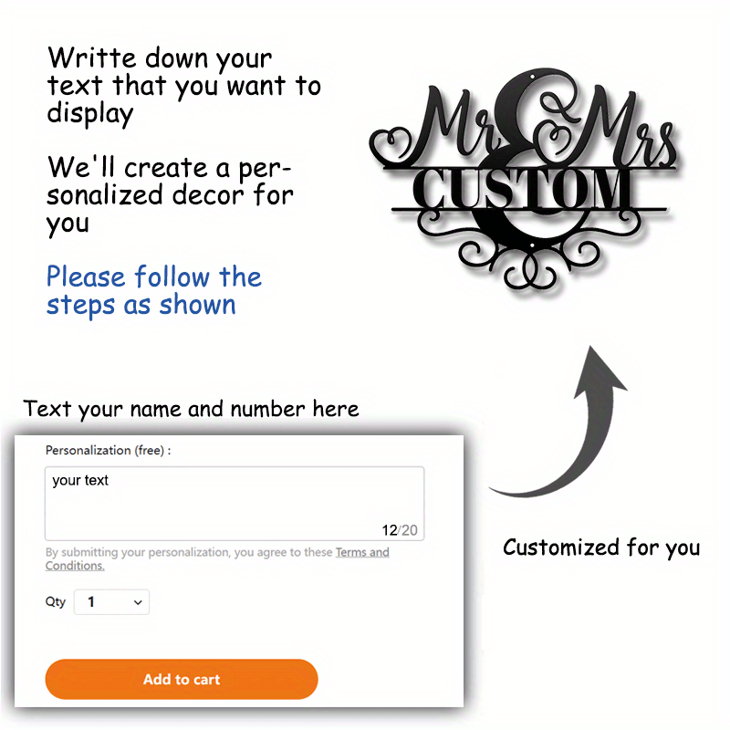 Janob va xonim uchun qora metall monogram devor san'ati, uy bezatish uchun dushlar