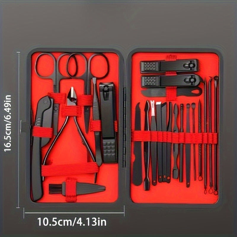 Deluxe Manicure and Pedicure Set with Stainless Steel Tools in Black and Red Case