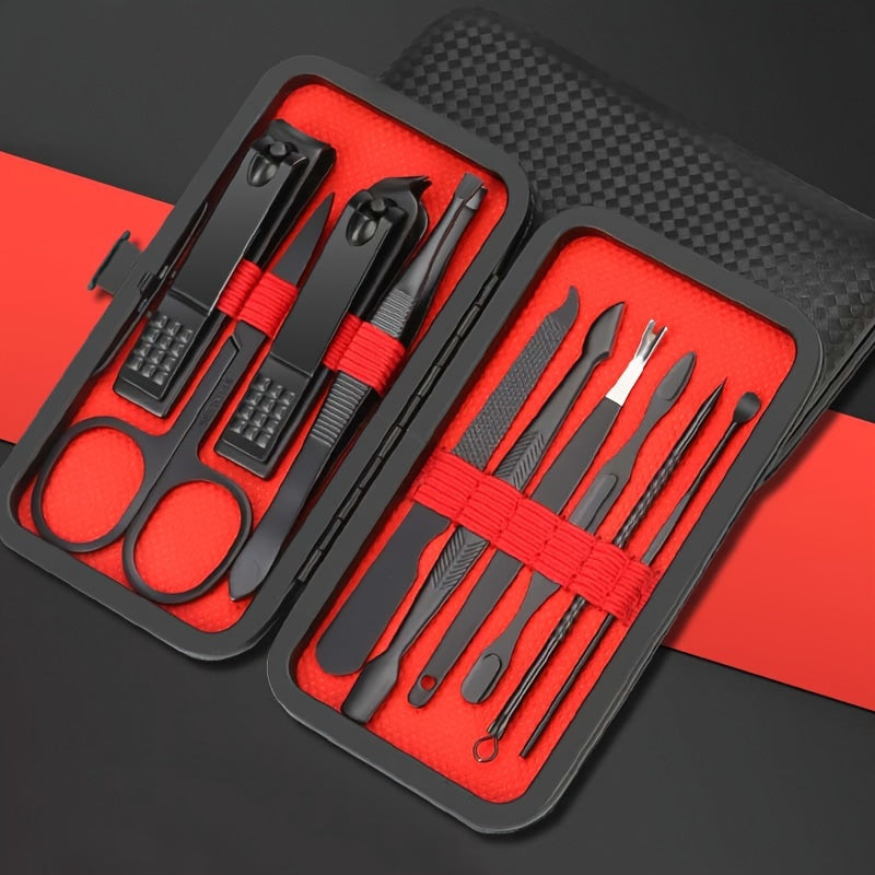 Deluxe Manicure and Pedicure Set with Stainless Steel Tools in Black and Red Case