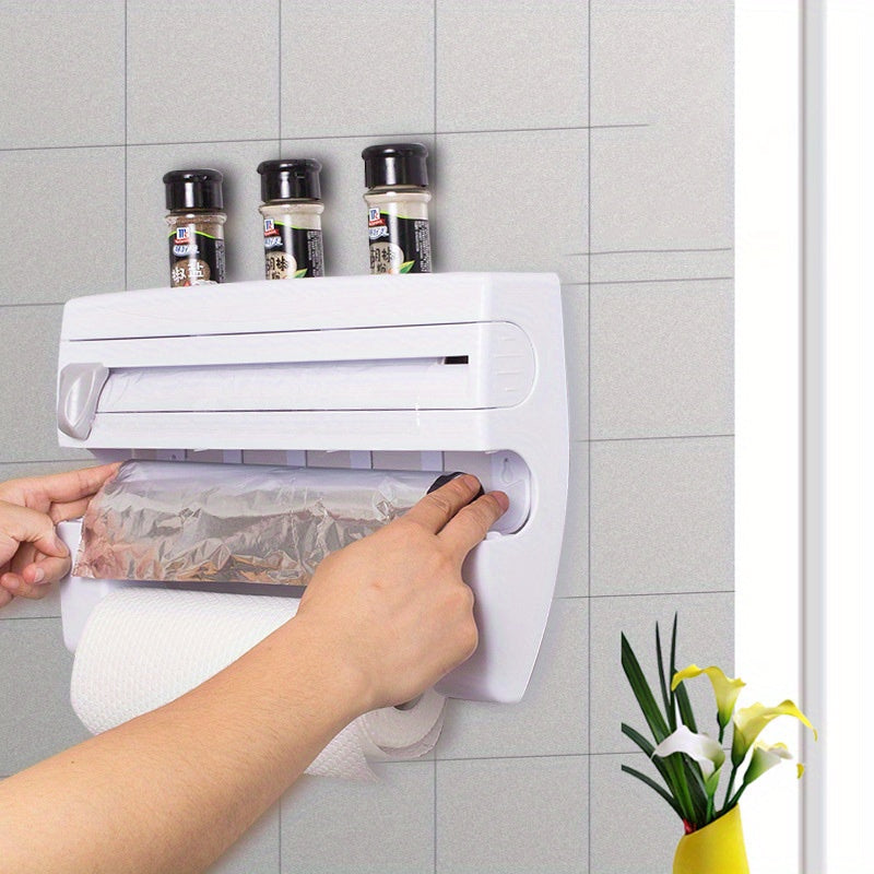 Estante de almacenamiento de cocina de pared con cortador incorporado y soporte para toallas de papel