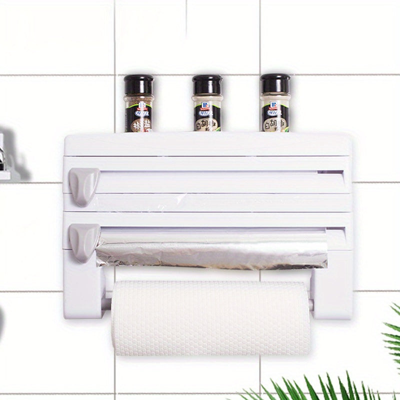 Estante de almacenamiento de cocina de pared con cortador incorporado y soporte para toallas de papel