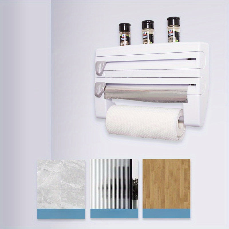 Estante de almacenamiento de cocina de pared con cortador incorporado y soporte para toallas de papel