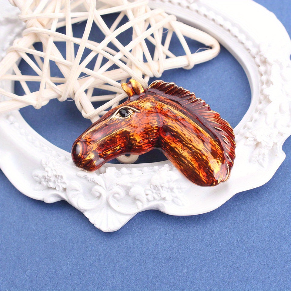 Enamel Horse Head Brooch Punk Style Realistic Animal Portrait Pendant