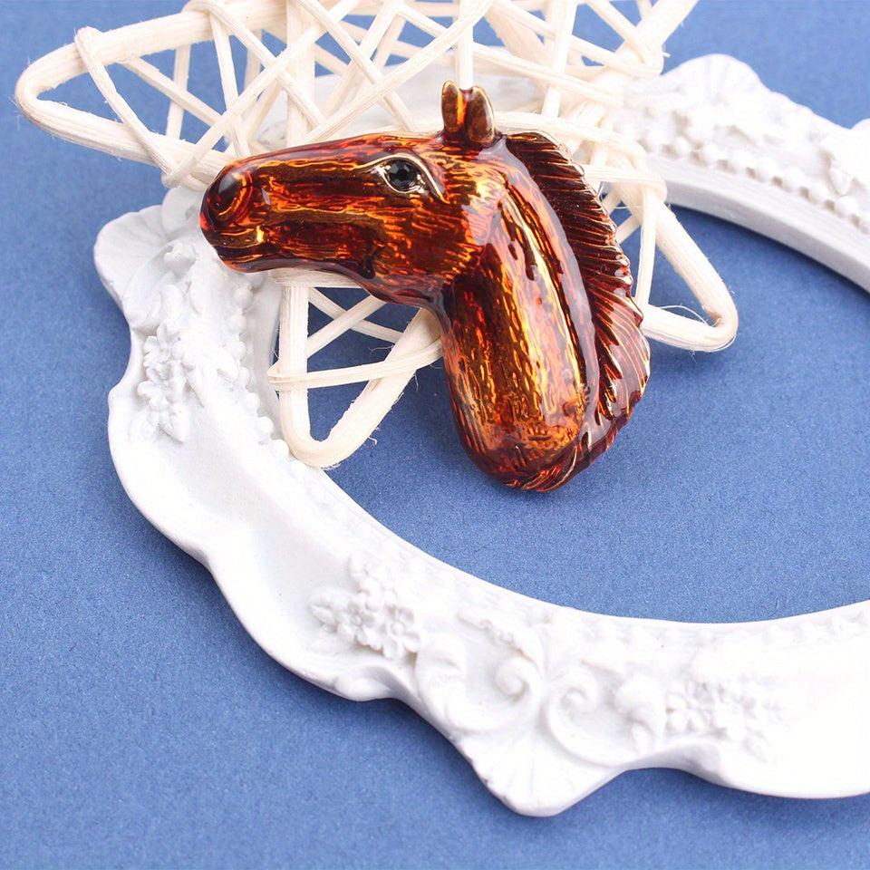 Enamel Horse Head Brooch Punk Style Realistic Animal Portrait Pendant