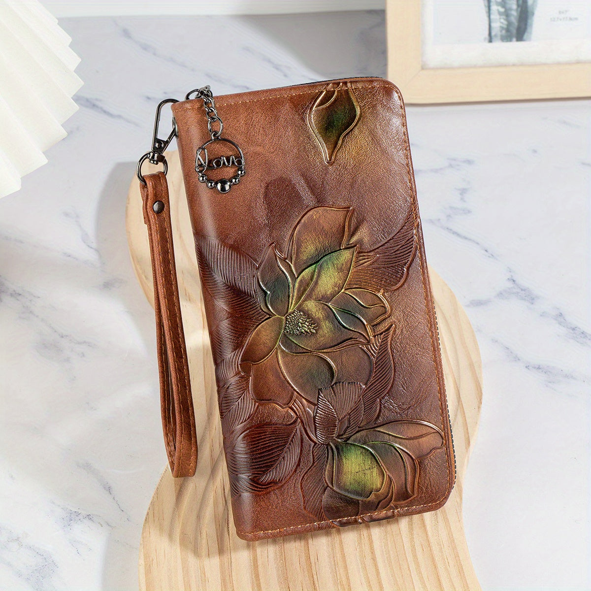 Faux Leather Floral Embossed Clutch Wallet with Wristlet Phone Pocket and Zipper Closure