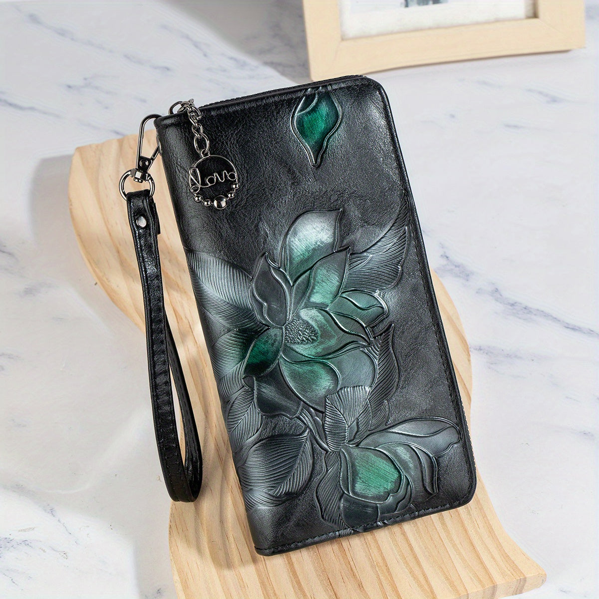 Faux Leather Floral Embossed Clutch Wallet with Wristlet Phone Pocket and Zipper Closure