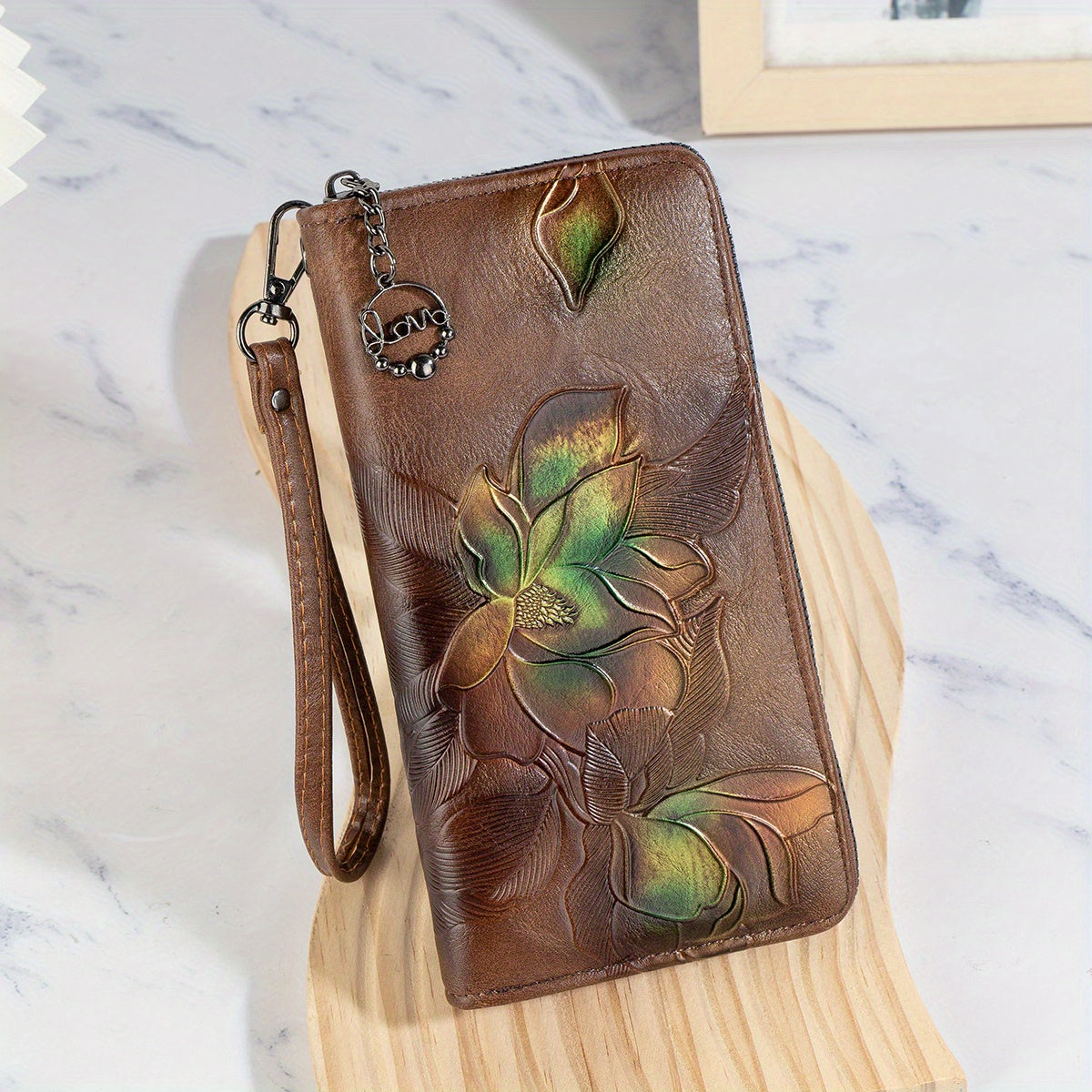 Faux Leather Floral Embossed Clutch Wallet with Wristlet Phone Pocket and Zipper Closure