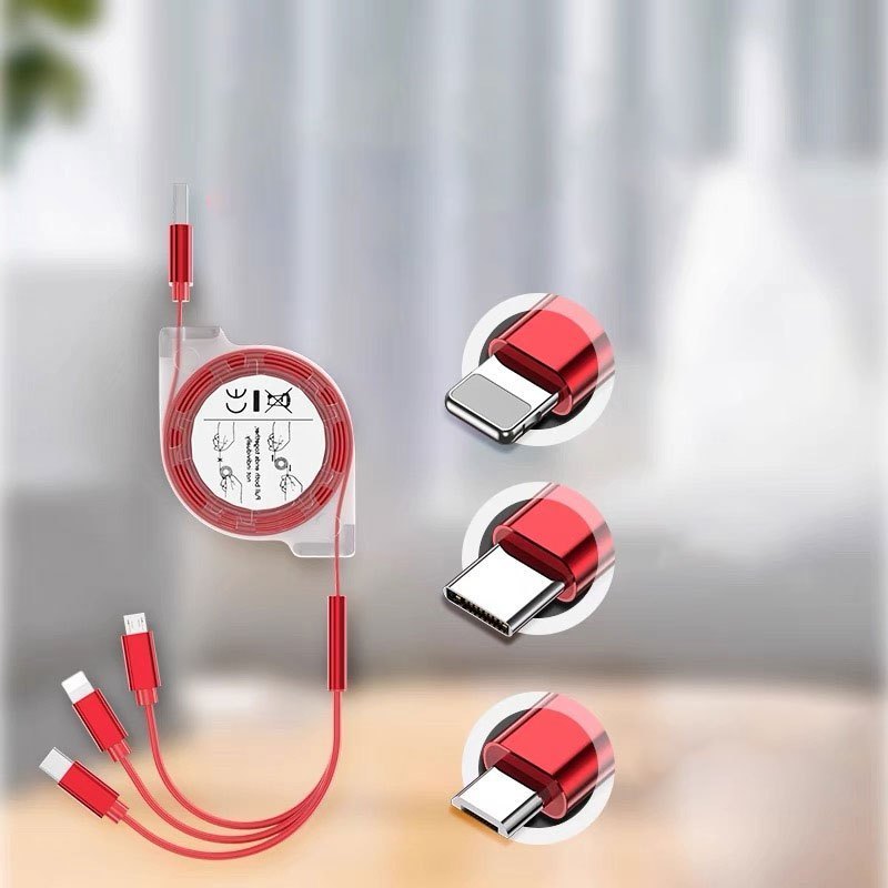 Turli qurilmalar uchun tortiladigan 3-in-1 zaryadlash kabeli, lightning, micro va Type C ulanishlari bilan. iPhone, iPad, Samsung, PS va planshetlarni zaryadlash mumkin. USB quvvatlanadi va ma'lumotlarni sinxronlashtirish imkonini beradi.