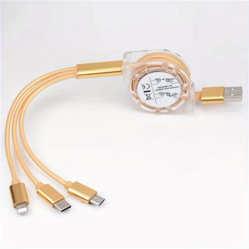 Turli qurilmalar uchun tortiladigan 3-in-1 zaryadlash kabeli, lightning, micro va Type C ulanishlari bilan. iPhone, iPad, Samsung, PS va planshetlarni zaryadlash mumkin. USB quvvatlanadi va ma'lumotlarni sinxronlashtirish imkonini beradi.