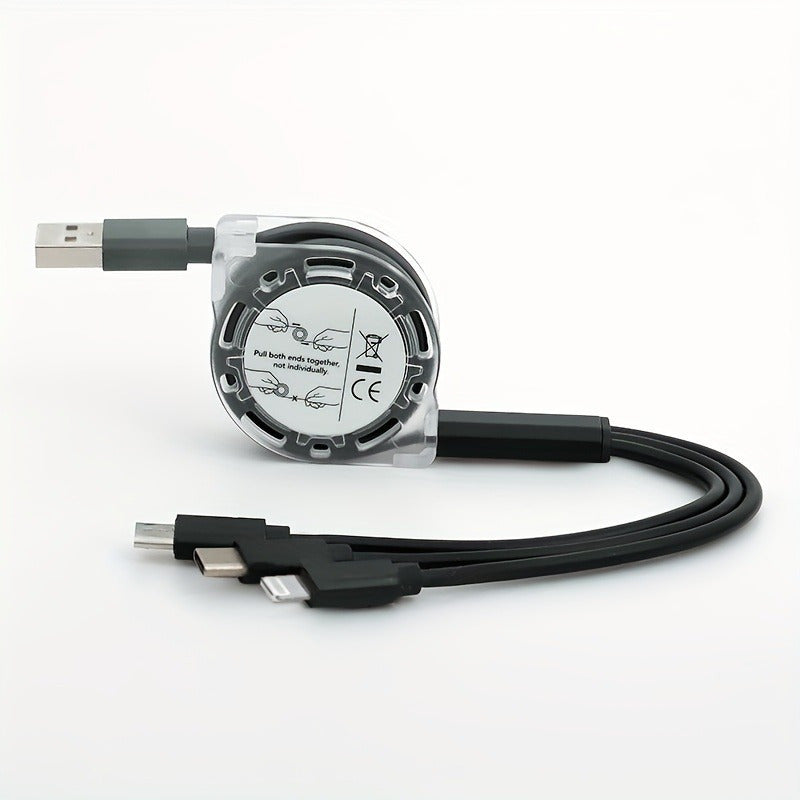 Turli qurilmalar uchun tortiladigan 3-in-1 zaryadlash kabeli, lightning, micro va Type C ulanishlari bilan. iPhone, iPad, Samsung, PS va planshetlarni zaryadlash mumkin. USB quvvatlanadi va ma'lumotlarni sinxronlashtirish imkonini beradi.