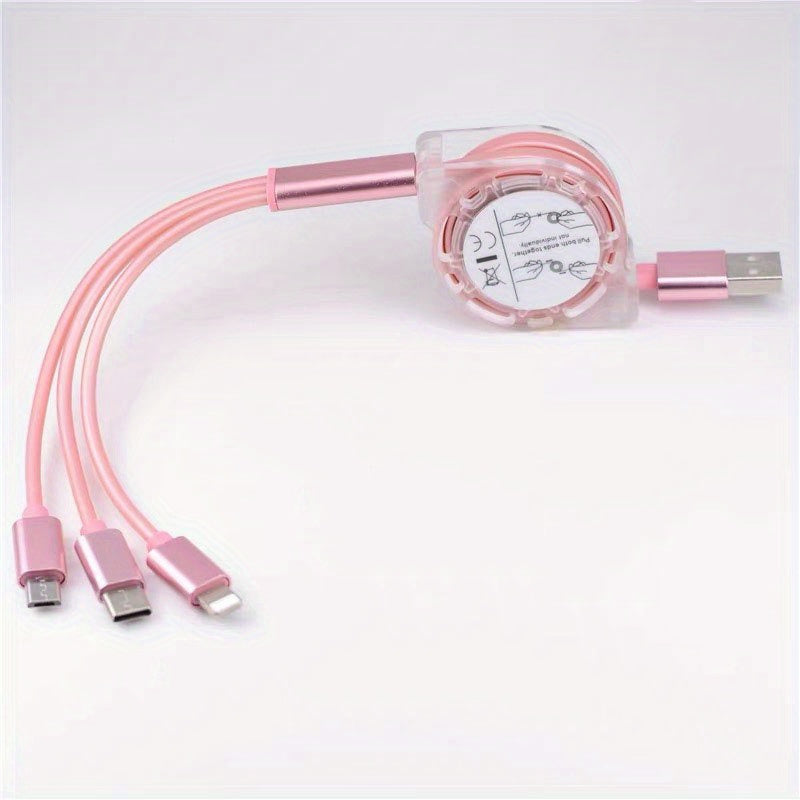 Turli qurilmalar uchun tortiladigan 3-in-1 zaryadlash kabeli, lightning, micro va Type C ulanishlari bilan. iPhone, iPad, Samsung, PS va planshetlarni zaryadlash mumkin. USB quvvatlanadi va ma'lumotlarni sinxronlashtirish imkonini beradi.