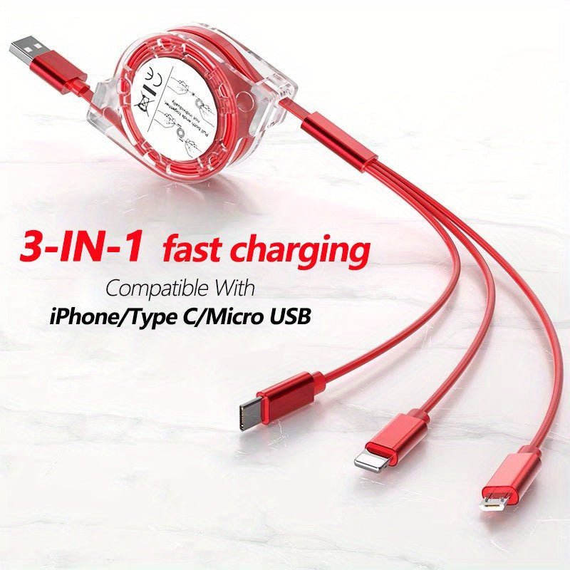 Retractable 3-in-1 USB Charging Cable for iPhone, Android, Tablets Data Sync