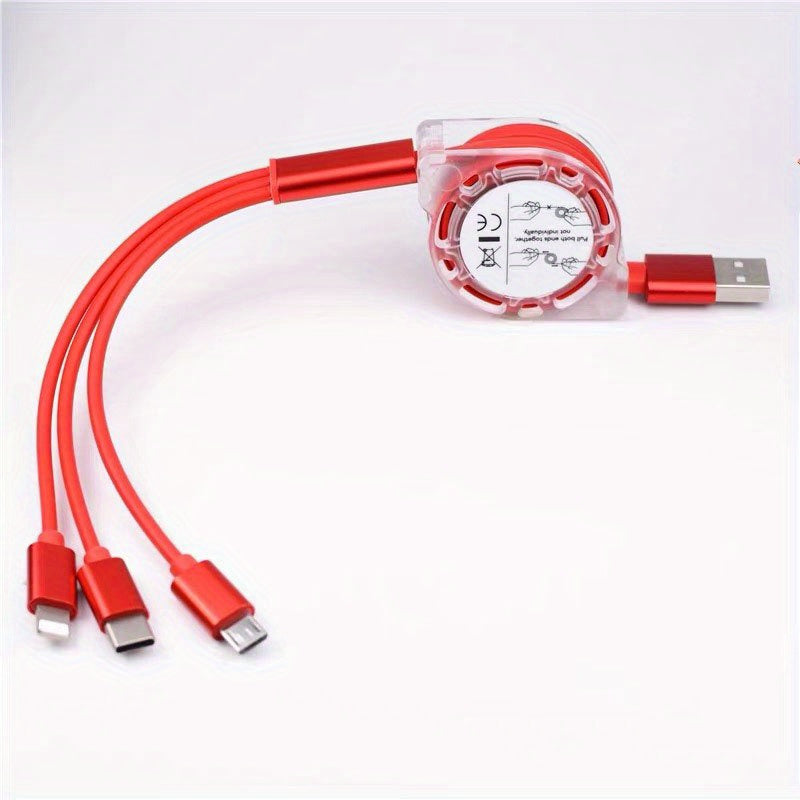 Turli qurilmalar uchun tortiladigan 3-in-1 zaryadlash kabeli, lightning, micro va Type C ulanishlari bilan. iPhone, iPad, Samsung, PS va planshetlarni zaryadlash mumkin. USB quvvatlanadi va ma'lumotlarni sinxronlashtirish imkonini beradi.