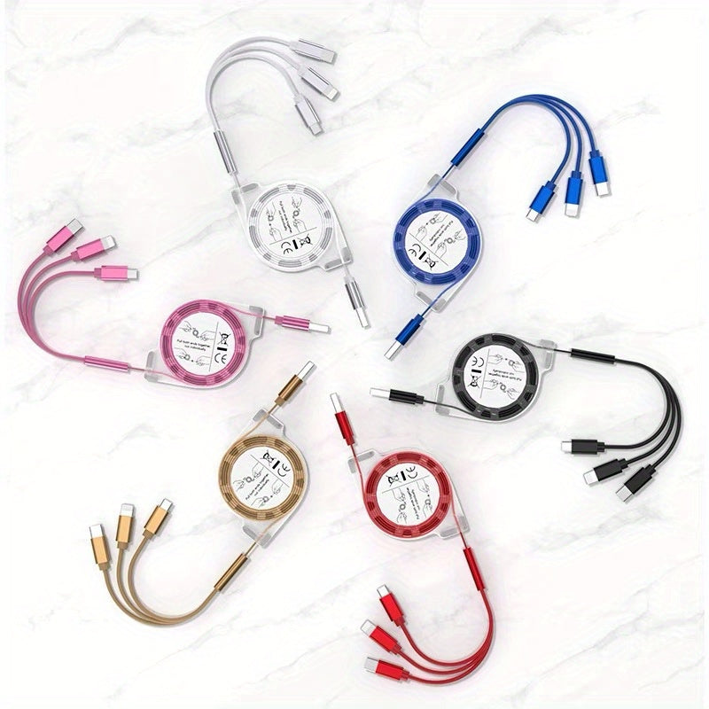 Turli qurilmalar uchun tortiladigan 3-in-1 zaryadlash kabeli, lightning, micro va Type C ulanishlari bilan. iPhone, iPad, Samsung, PS va planshetlarni zaryadlash mumkin. USB quvvatlanadi va ma'lumotlarni sinxronlashtirish imkonini beradi.