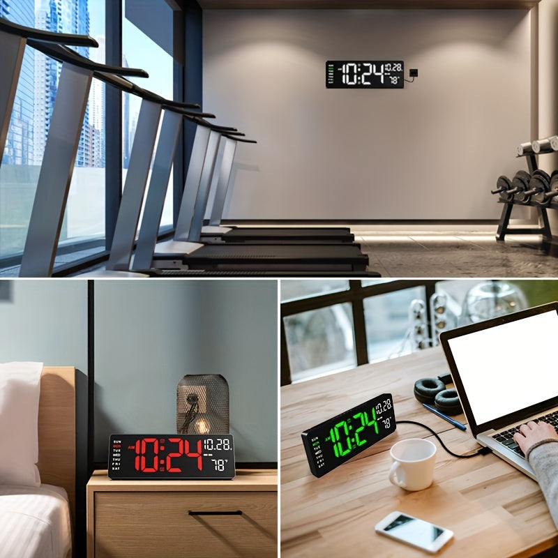 Large Digital Wall Clock with Remote Control Auto Brightness USB Powered Date Week Temp for Living Room Office Gym Classroom Bedroom