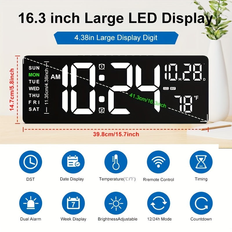 Large Digital Wall Clock with Remote Control Auto Brightness USB Powered Date Week Temp for Living Room Office Gym Classroom Bedroom
