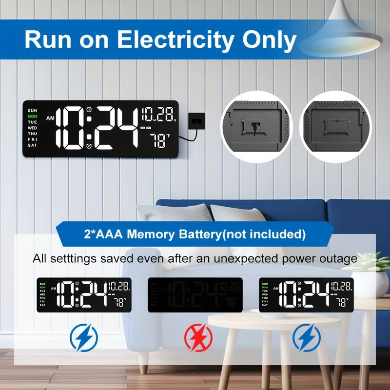 Large Digital Wall Clock with Remote Control Auto Brightness USB Powered Date Week Temp for Living Room Office Gym Classroom Bedroom