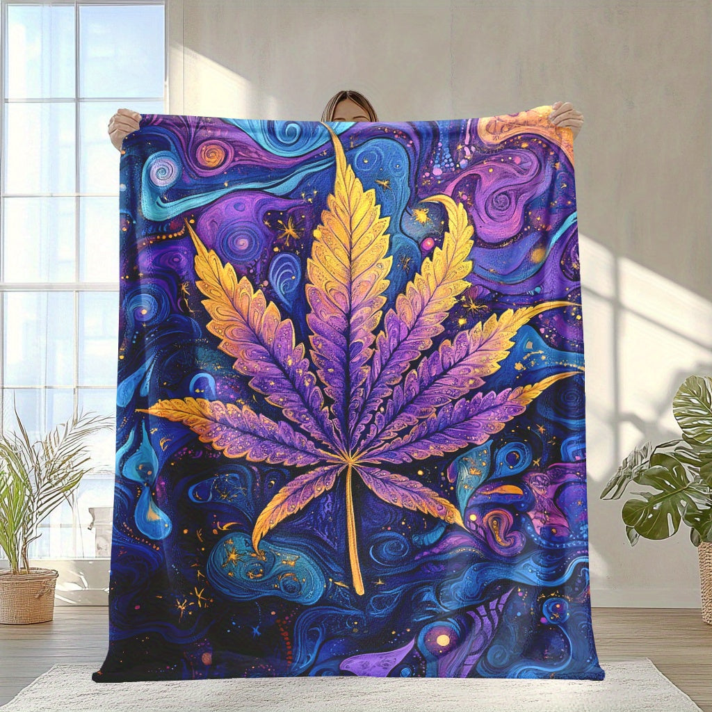 Flannel Fleece Throw Blanket Psychedelic Leaf Print All-Season Polyester 200-250g
