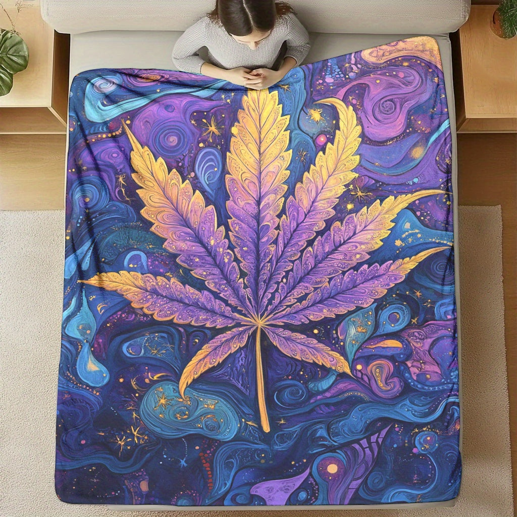 Flannel Fleece Throw Blanket Psychedelic Leaf Print All-Season Polyester 200-250g