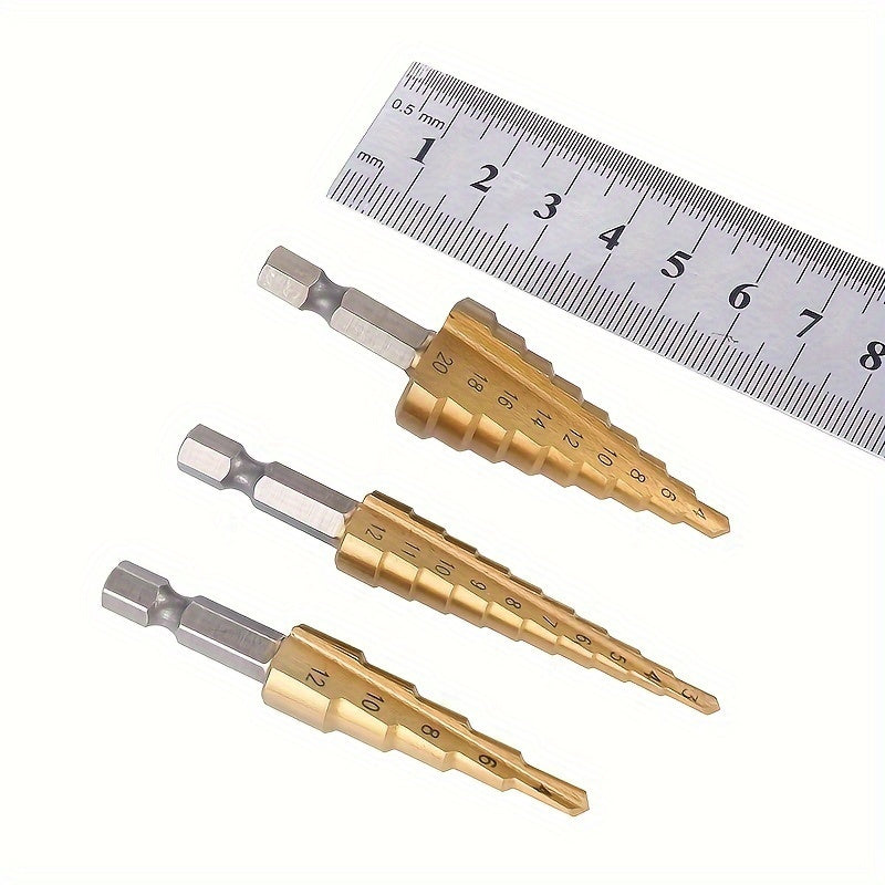 3pcs Titanium Coated High Speed Steel Step Drill Set for Wood Metal